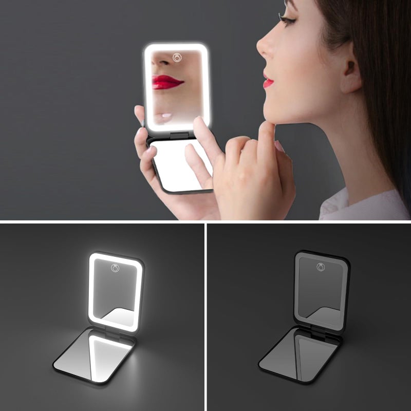 Kintion 2025 Pocket Mirror  1X/3X Magnification LED Compact Travel Makeup Mirror for Purse with 3 Color Lighting  Rechargeable and Dimmable  Portable Lighted Mirror for Women Gifts  Black - Image 3